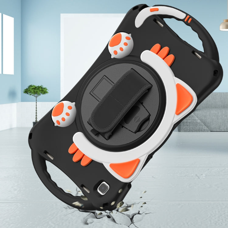 For Samsung Galaxy Tab A7 10.4 2020 SM-T500 Cute Cat King Kids Shockproof Silicone Tablet Case with Holder & Shoulder Strap & Handle(Black Orange) by bashfashion