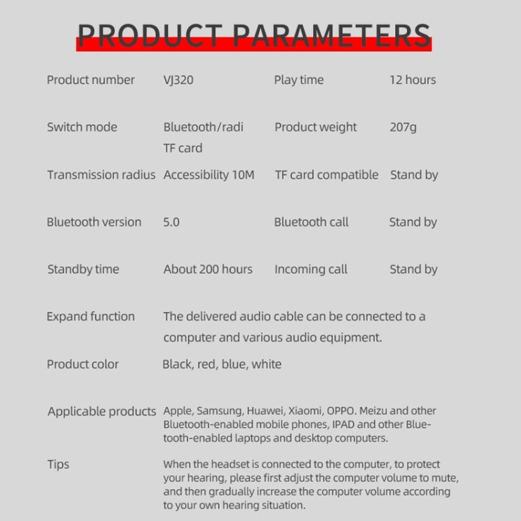 VJ320 Bluetooth 5.0 Head-mounted Foldable Wireless Headphones Support TF Card with Mic(White) by bashfashion