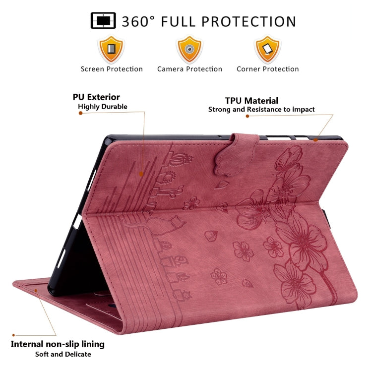For Samsung Galaxy Tab S11 / S10 / S9 Cartoon Sakura Cat Embossed Smart Leather Tablet Case(Red) by bashfashion