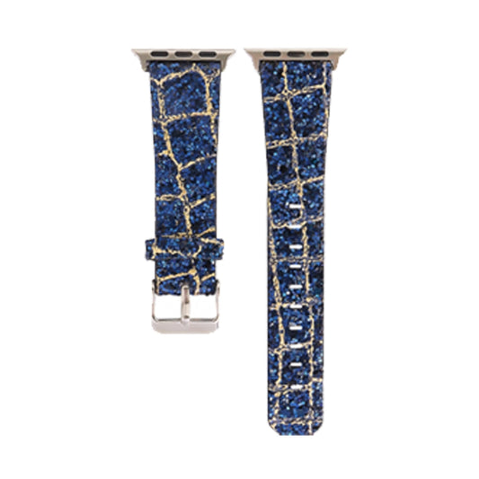 For Apple Watch Series 8&7 41mm / SE 2&6&SE&5&4 40mm / 3&2&1 38mm Glitter Sequins Leather Watch Band(Blue Gold) by bashfashion