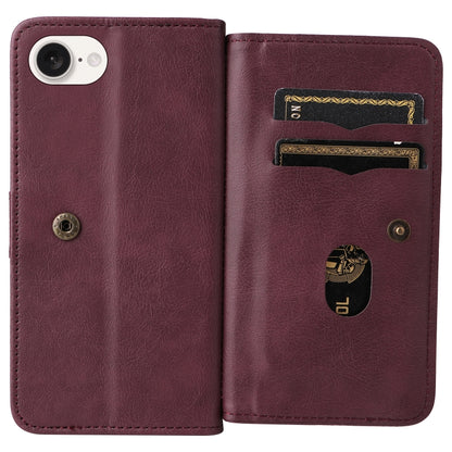 For iPhone 16e Multi-Function Wallet 10 Card Slots Leather Phone Case(Claret) by bashfashion
