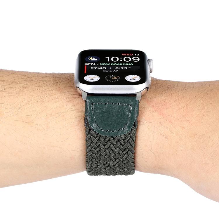 Nylon + Leather Braided Watch Band For Apple Watch Series 9&8&7 41mm / SE 3&SE 2&6&SE&5&4 40mm / 3&2&1 38mm, Size:S(Army Green) by bashfashion