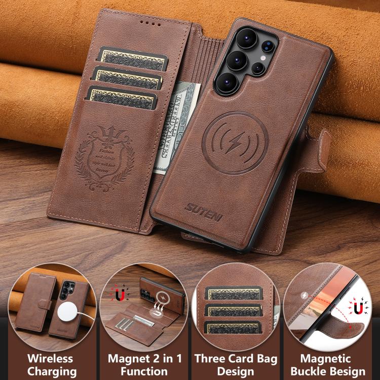 For Samsung Galaxy S22 Ultra 5G Suteni Q05 2-in-1 Multi-function Detachable Wallet MagSafe Phone Case(Brown) by Suteni
