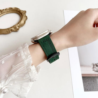 For Apple Watch 46mm / 49mm / 45mm / 44mm 7-Line Tri-Star Buckle Pull Up Leather Watch Band(Crazy Horse Army Green Black Thread) by bashfashion